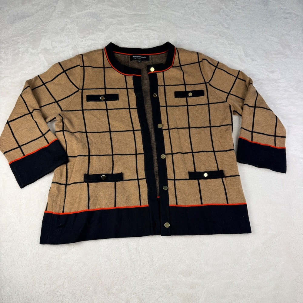 Jones New York Collection Tan Black Windowpane Plaid Cardigan Sweater XL